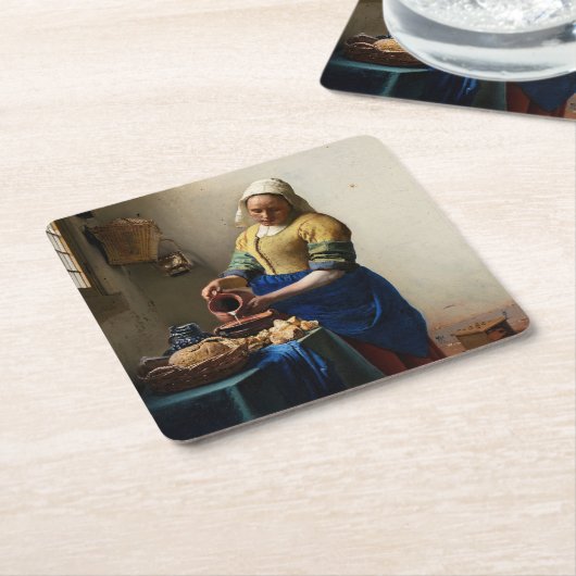 Johannes Vermeer - The Milkmaid Vierkante Kartonnen Onderzetter (Schuin)