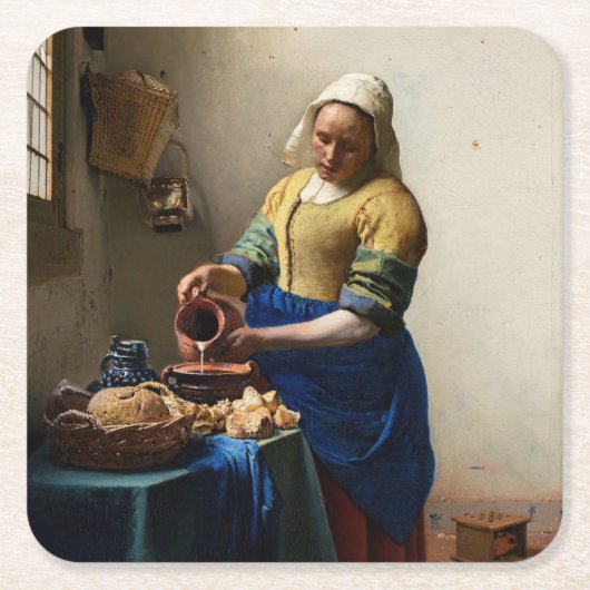 Johannes Vermeer - The Milkmaid Vierkante Kartonnen Onderzetter (Voorkant)