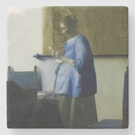Johannes Vermeer - Vrouw in Blauw Leest een brief Stenen Onderzetter (Voorkant)