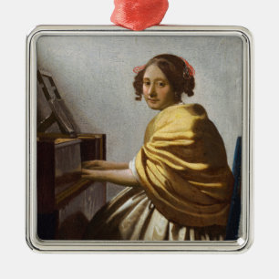 Johannes Vermeer - Young Woman Seated at Virginal Metalen Ornament