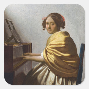 Johannes Vermeer - Young Woman Seated at Virginal Vierkante Sticker