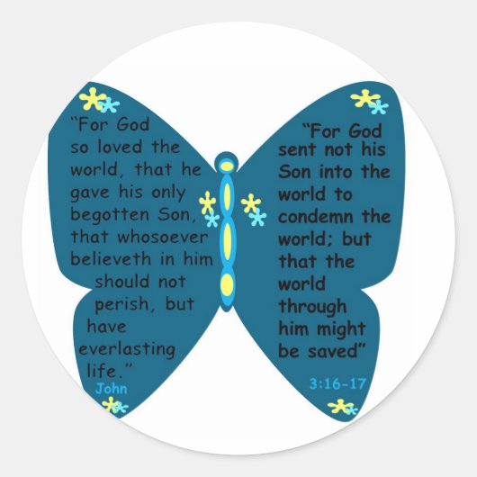 John 3 : 16-17 autocollants bleus papillon (Devant)
