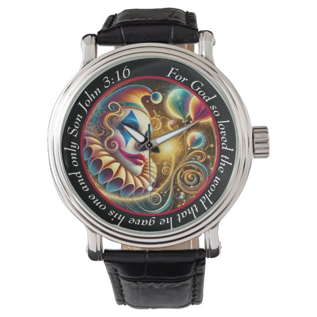 John 3:16 verse Clown Timepiece Joyful Faith Horloge (Voorkant)
