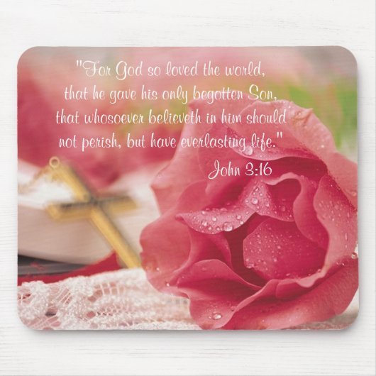 John 3:16 Versie - Gold Cross & Roze Rose Muismat (Voorkant)