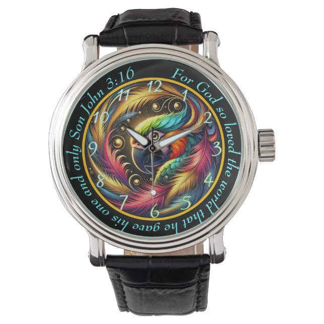 John 3:16 Vibrant Parrot Timepiece Tropical Faith Horloge (Voorkant)