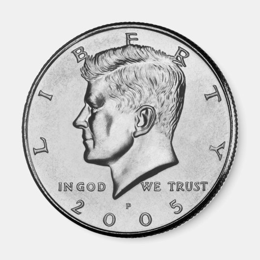 John F Kennedy halve dollar munt magneet. Magneet (Voorkant)