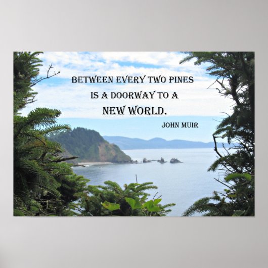 John Muir: "Tussen de twee pijnbomen is een deur" Poster (Voorkant)