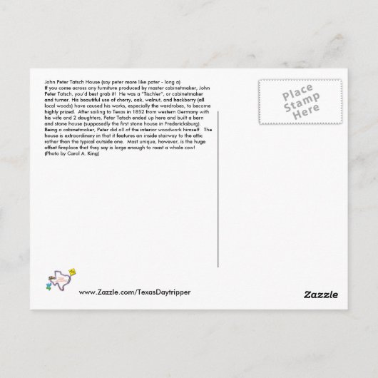 John Peter Tatsch Home, Fredericksburg, TX Briefkaart (Achterkant)