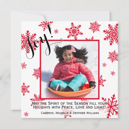 Joie ! Carte photo de vacances Red & White Snowfla (Devant)