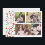 Joie moderne au carte photo de vacances du monde<br><div class="desc">Photographie par Gabriela Koopmans @ www.gabriela-photography.com Carte de Noël élégante avec des endroits pour quatre photos. Gui, fleurs, baies rouges et cônes de conifère illustrés ainsi qu'un ruban rouge. Il lit la "joie au monde" dans la fantaisie, polices à la mode de manuscrit. Personnalisez-le avec votre nom de famille et...</div>