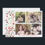 Joie moderne au carte photo de vacances du monde<br><div class="desc">Photographie par Gabriela Koopmans @ www.gabriela-photography.com Carte de Noël élégante avec des endroits pour quatre photos. Gui, fleurs, baies rouges et cônes de conifère illustrés ainsi qu'un ruban rouge. Il lit la "joie au monde" dans la fantaisie, polices à la mode de manuscrit. Personnalisez-le avec votre nom de famille et...</div>