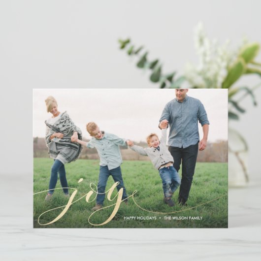 Joie Script Faux Foil Carte de Noël (Debout devant)