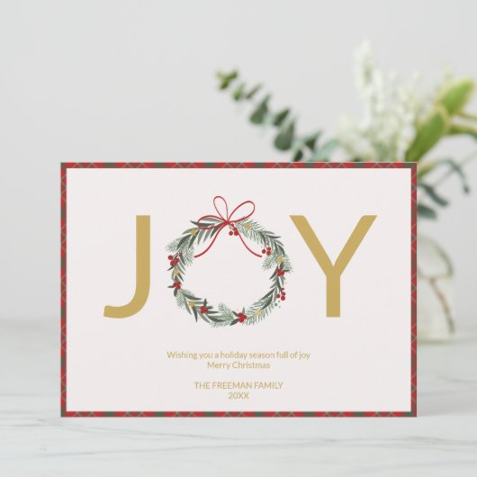 JOIE Wreath Photo Carte de Noël avec réglage Plaid (Debout devant)