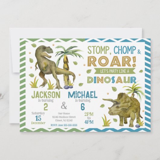 Joint Dinosaurs Siblings Birthday Invitation (Devant)