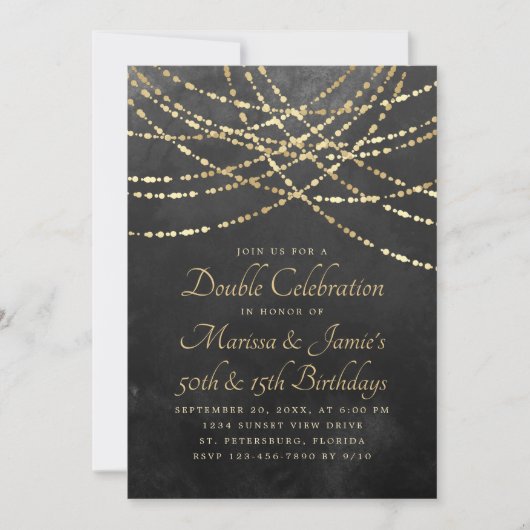 Joint Double String Lights Zwart Goud Verjaardag Kaart (Voorkant)