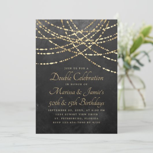Joint Double String Lights Zwart Goud Verjaardag Kaart (Staand voorkant)