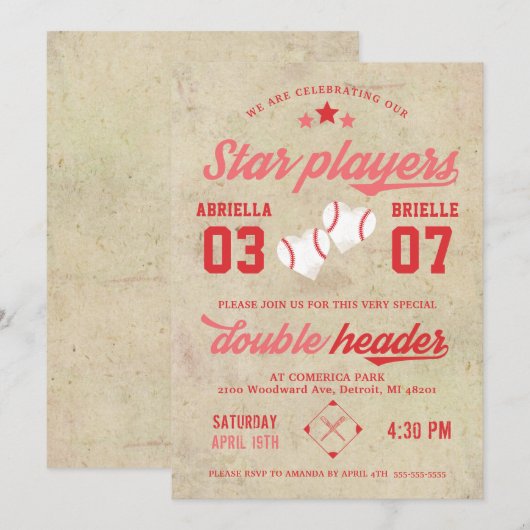 Joint Twin Baseball Anniversaire Invitation Girl (Devant / Derrière)