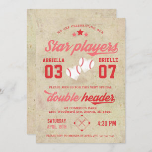 Joint Twin Baseball Birthday Invitation Girl Kaart
