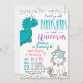 Joint Unicorn Dinosaur Birthday Uitnodiging (Voorkant)