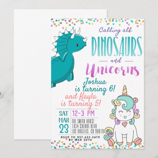 Joint Unicorn Dinosaur Birthday Uitnodiging (Voorkant / Achterkant)