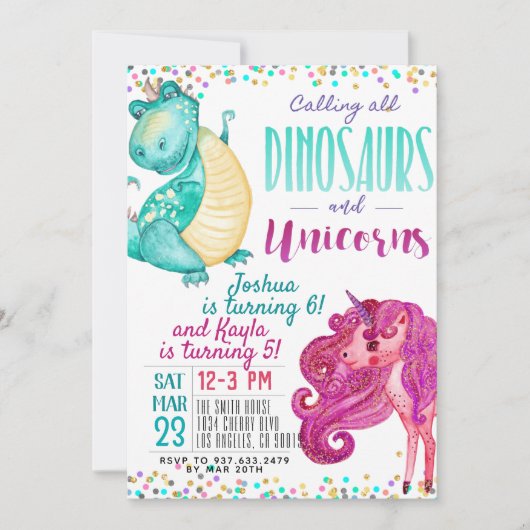 Joint Unicorn Dinosaur Birthday Uitnodiging (Voorkant)