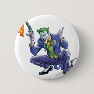 Joker met nep-pistool ronde button 5,7 cm
