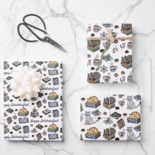 Jolabokaflod Books, Cats, and Cocoa Christmas Gift Inpakpapier Vel (Voorkant)