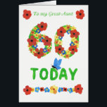 Joli 60ème anniversaire de Floral, pour Grande Tan<br><div class="desc">Une jolie carte d'anniversaire fleurie de 60 ans pour une grande tante. Les chiffres sont composés de fleurs et un papillon bleu est perché sur les lettres. Cette conception est issue d'un collage papier peint à la main par Judy Adamson et est également disponible en tant que carte personnalisée avant....</div>