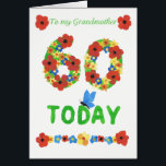 Joli 60ème anniversaire Floral, pour Grand-mère<br><div class="desc">Une jolie carte d'anniversaire fleurie de 60 ans pour une grand-mère. Les chiffres sont composés de fleurs et un papillon bleu est perché sur les lettres. Cette conception est issue d'un collage papier peint à la main par Judy Adamson et est également disponible en tant que carte personnalisée avant. Vous...</div>