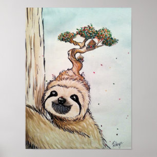 Joli animal Sloth avec Bonsai Tree house Poster