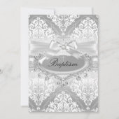 Joli Argent Damask Bow Baptism Invitation (Devant)