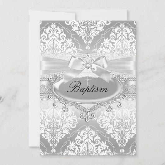 Joli Argent Damask Bow Baptism Invitation (Devant)