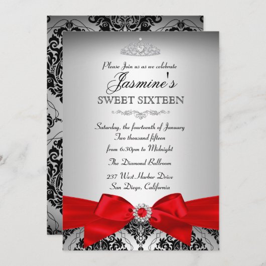 Joli Argent Rouge Damask Sweet 16 Invitation (Devant / Derrière)