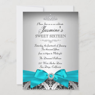 Joli Argent & Turquoise Damask Sweet 16 Invitation