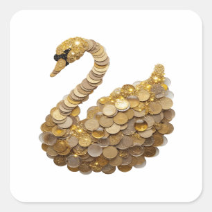 Joli Autocollant Carré Cygne Doré Argenté