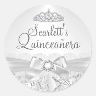 Joli autocollant Quinceanera Tiara & Bow Argent