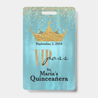 Joli badge bleu avec couronne dorée Quinceañera VI