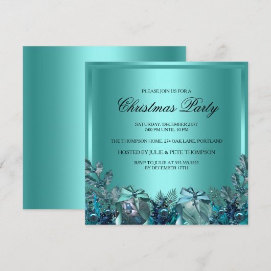 Joli Bauble Bleu & Bow Invitation de fête de Noël (Devant / Derrière)