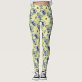 Joli bleu aquarelle Fleurs sur Leggings Jaunes (Devant)
