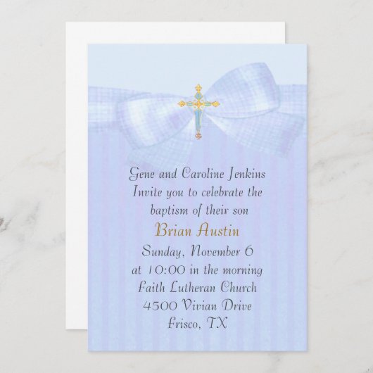 Joli bleu avec Bow et Cross Baptism Invitation (Devant / Derrière)
