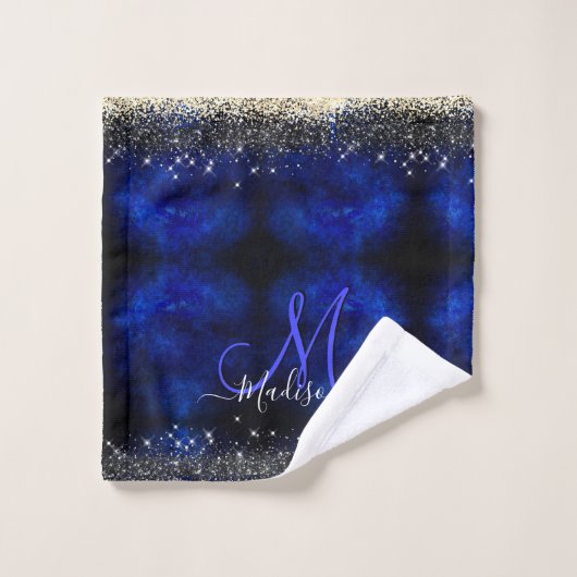 Joli bleu bleu or faux parties scintillant monogra (Gant de toilette)
