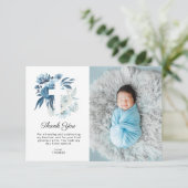 joli bleu floraux baptême photo carte de remerciem (Debout devant)
