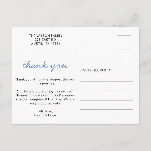 Joli Bleu Script photo Faire-part bébé (Dos)