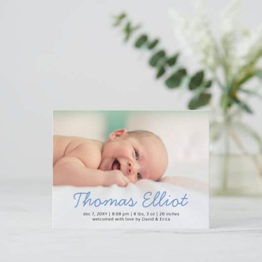 Joli Bleu Script photo Faire-part bébé (Debout devant)
