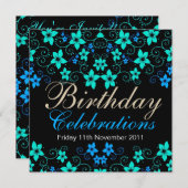 Joli Blues Floral Invitation Anniversaire (Devant / Derrière)