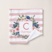 Joli Blush rose rayures Marine bleu floral Monogra (Gant de toilette)