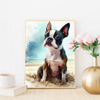 Joli Boston Terrier sur la plage Impression d'art