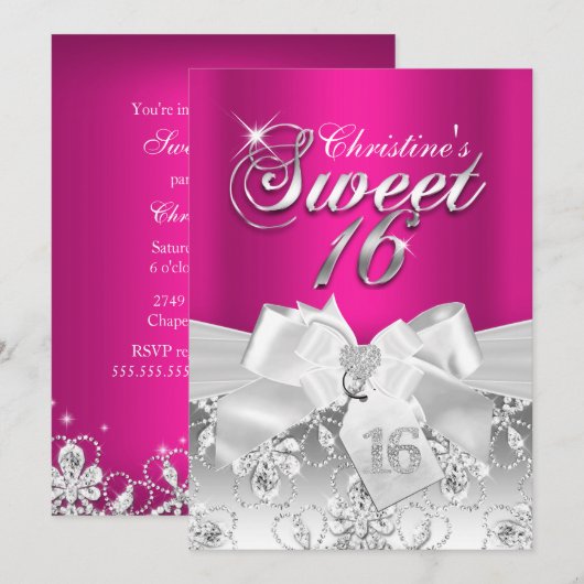 Joli Bouche Diamond Hot Rose Sweet 16 Invitation (Devant / Derrière)