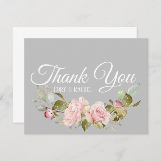 Joli bouquet de roses roses sur Merci gris (Devant / Derrière)