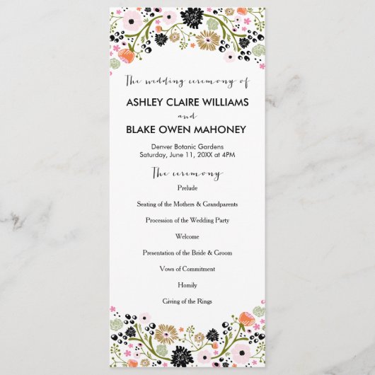 Joli Bouquet Floral Wedding Programme | Noir (Devant)